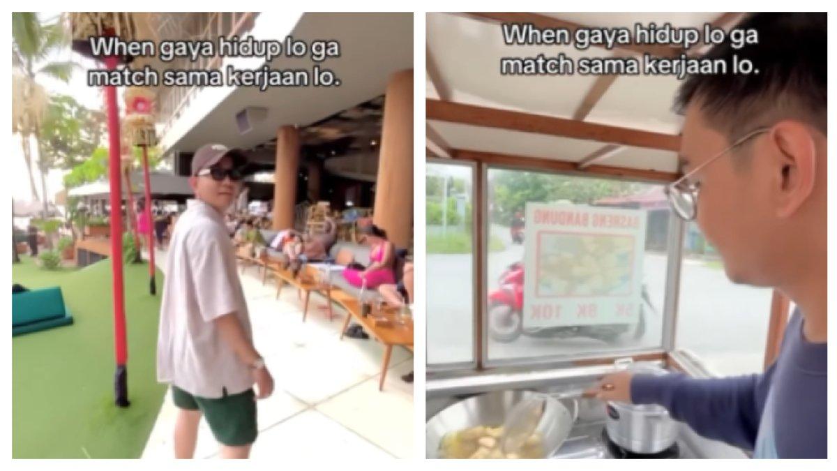 Lalu ia memperlihatkan sedang bekerja berjualan basreng menggunakan gerobak di pinggir jalan.