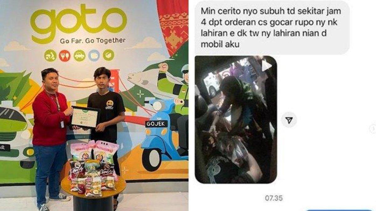 Gojek memberikan hadiah kepasa driver gocar, Hamid (baju hitam) karena sudah menolong ibu melahirkan dalam taksi online yang dikendarainya