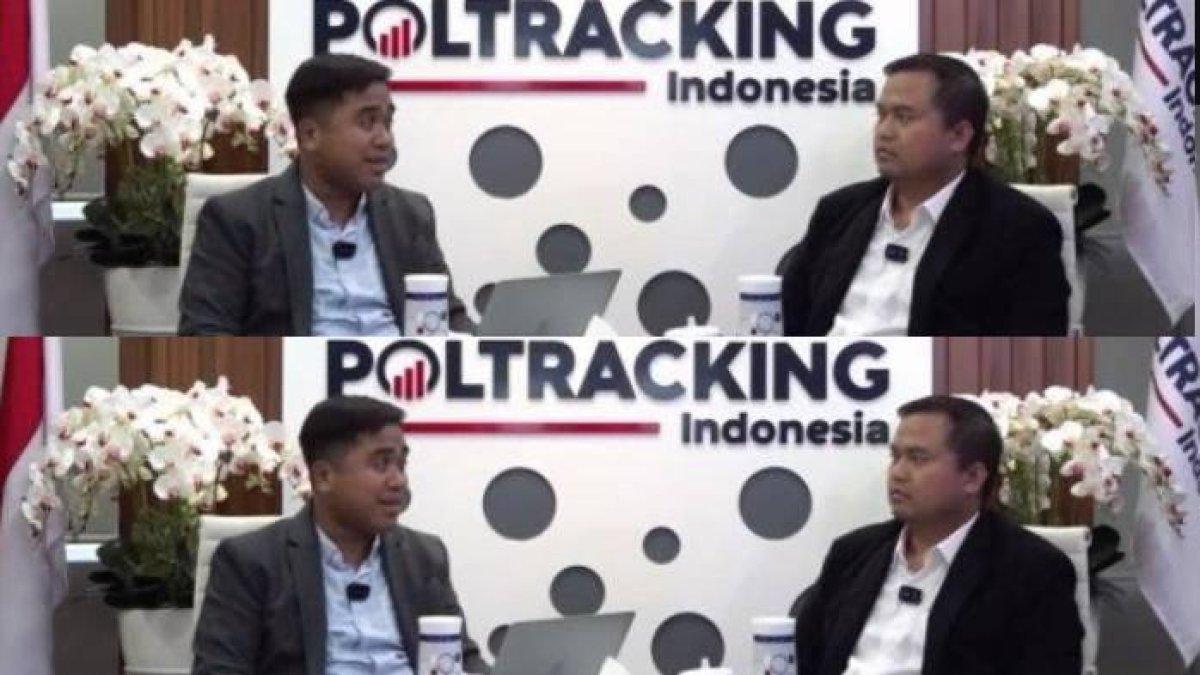 Direktur Riset Poltracking Indonesia, Arya Budi (kanan) memaparkan hasil survei secara daring di kanal YouTube Poltracking TV, Selasa (10/10/2023).