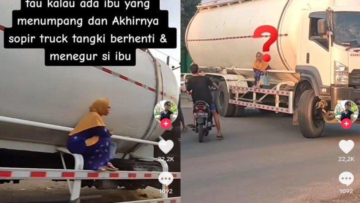 Ibu-ibu nangkring di tangki truk. Aksinya jadi Viral di TikTok dan bikin warganet geleng kepala