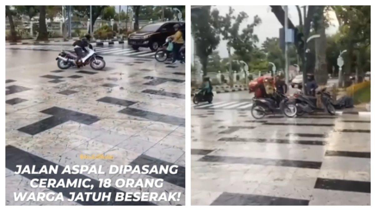 Momen pengendara motor yang terjatuh karena licin