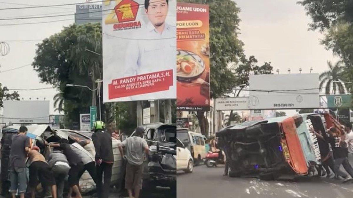 Kolase bidik layar video kecelakaan dua angkot di Bandar Lampung, Minggu (23/7/2023) sore.
