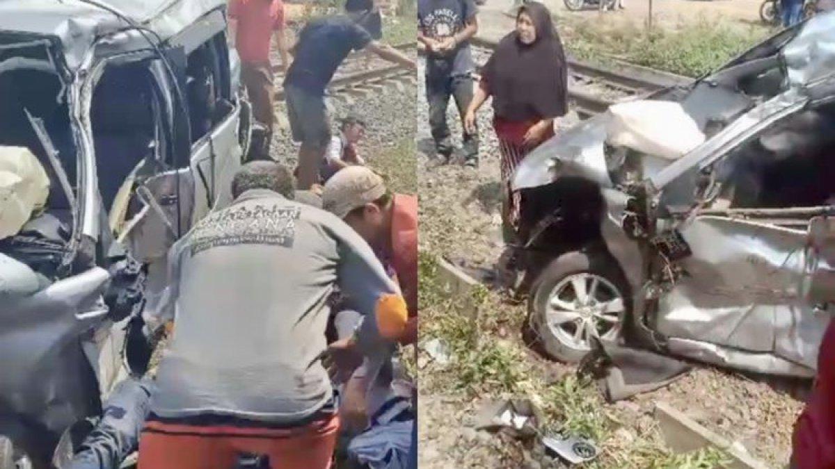 Kolase bidik layar video peristiwa mobil tertabrak kereta api di Kecamatan Natar, Lampung Selatan, Senin (31/7/2023) siang.