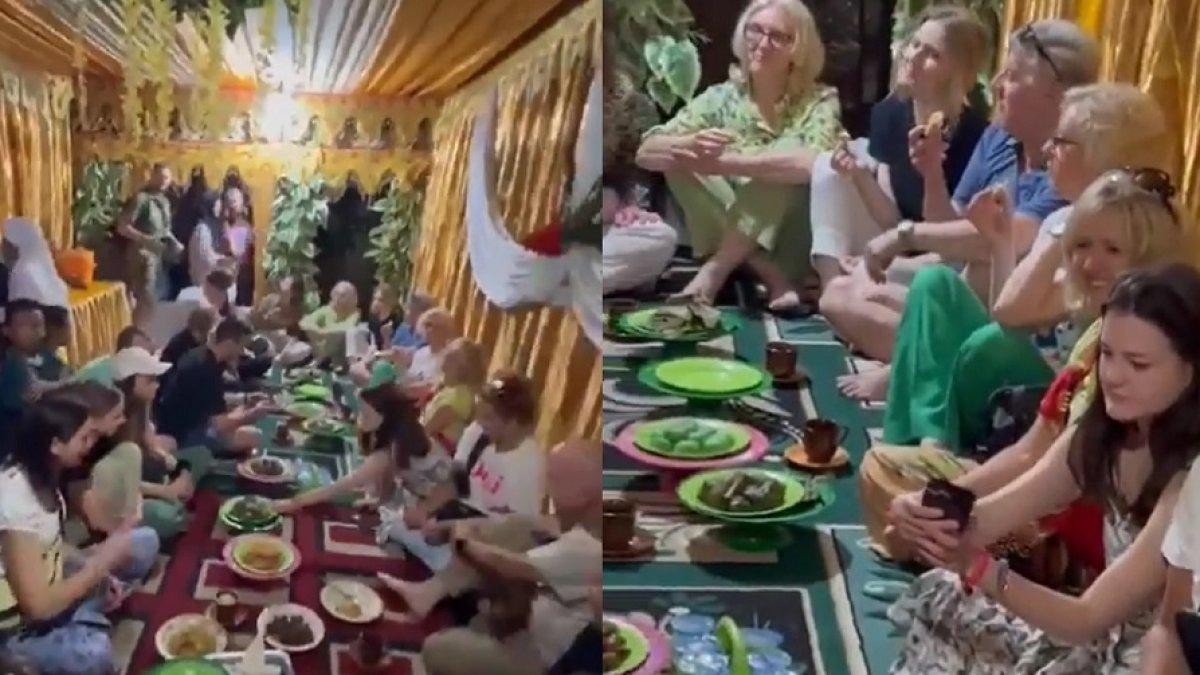 Kondangan di Indonesia, rombongan bule terekam kesulitan duduk bersila
