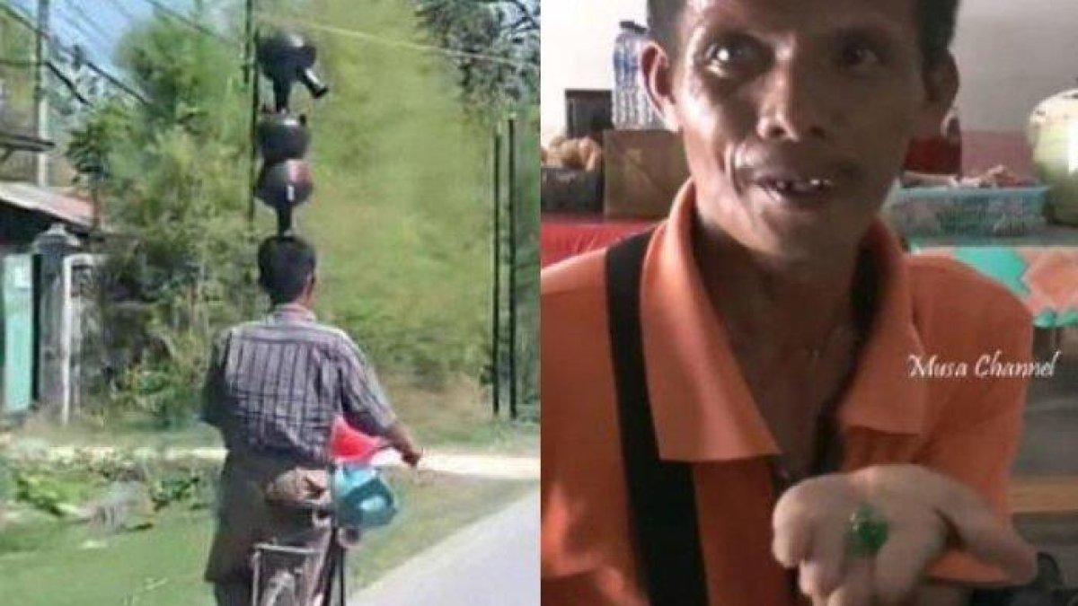Lasto, pria Blora, Jawa Tengah yang viral di media sosial karena aksinya bersepeda sambil bawa kendi tumpuk tiga di kepala