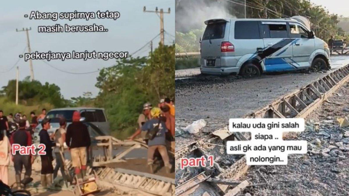 Mobil terjebak di tengah jalan cor yang masih basah, pekerja cuek lanjut ngecor