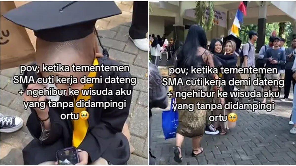 Momen mahasiswi dapat kejutan dari teman-teman SMA saat wisuda tanpa kehadiran orang tua.