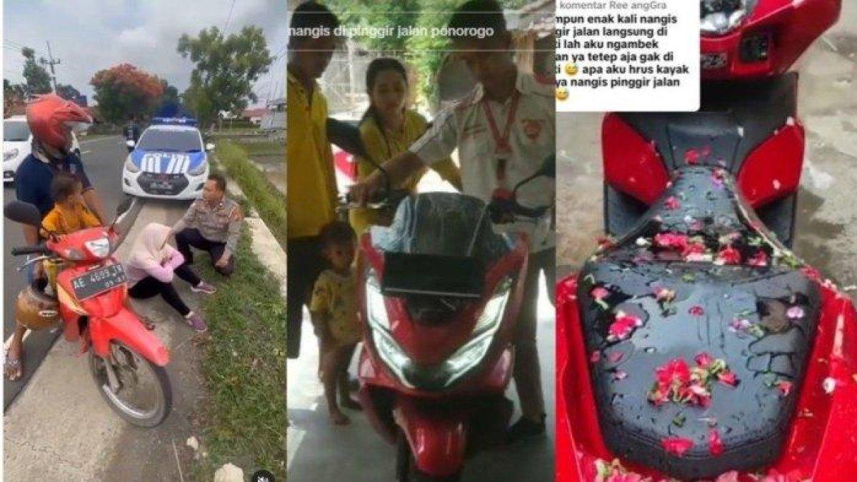 Akhir kisah ibu-ibu yang tantrum di pinggir jalan hingga viral, akhirnya motor barunya datang, langsung dimandikan air kembang