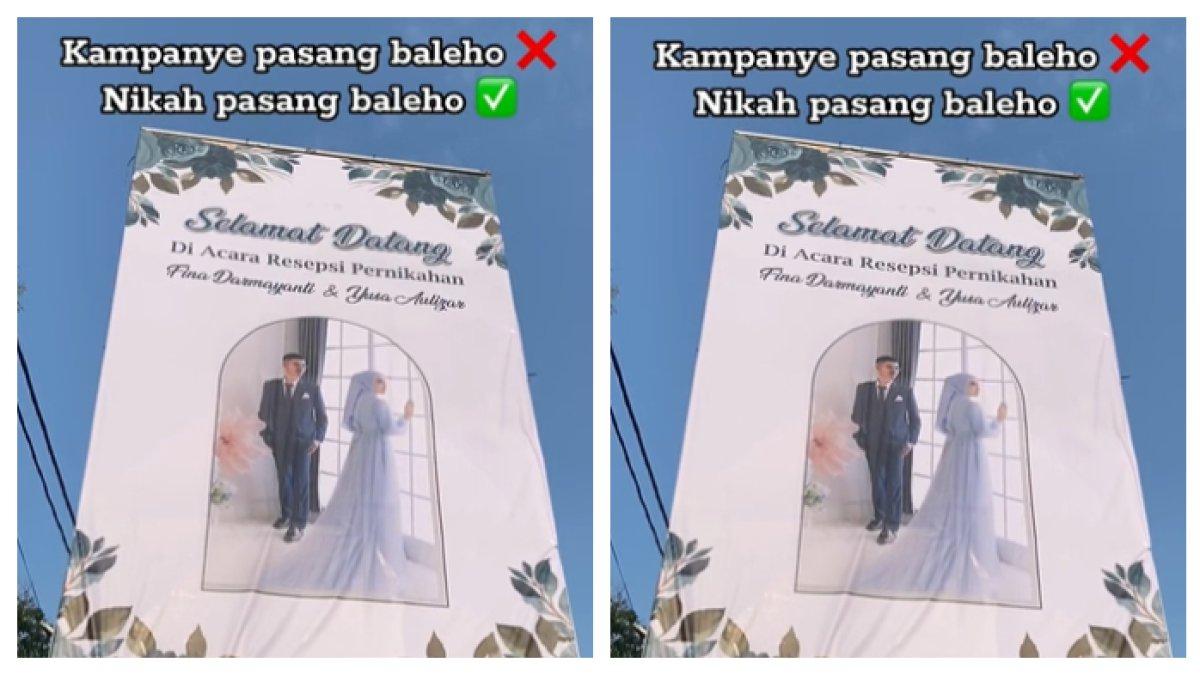 Pasangan pengantin asal kota Cilegon Banten, membuat baliho bak caleg untuk menyambut tamu undangan sebelum sampai ke lokasi acara