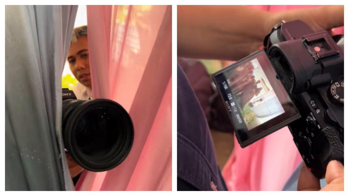 VIRAL VIDEO PERNIKAHAN - Pernikahan di Balikpapan mengusung konsep syar`i, sehingga crew videografer tidak diizinkan masuk. Pengambilan gambar hanya di balik tirai, yang masuk hanya lensa saja.