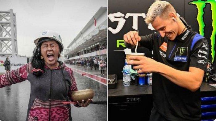 Pawang hujan Rara Isti Wulandari mati-matian berusaha menghentikan hujan deras jelang MotoGP, di Sirkuit Mandalika, pada Minggu (20/3/2022). Fabio Quartararo coba mengikuti Mbak rara (TWITTER MOTOGP)
