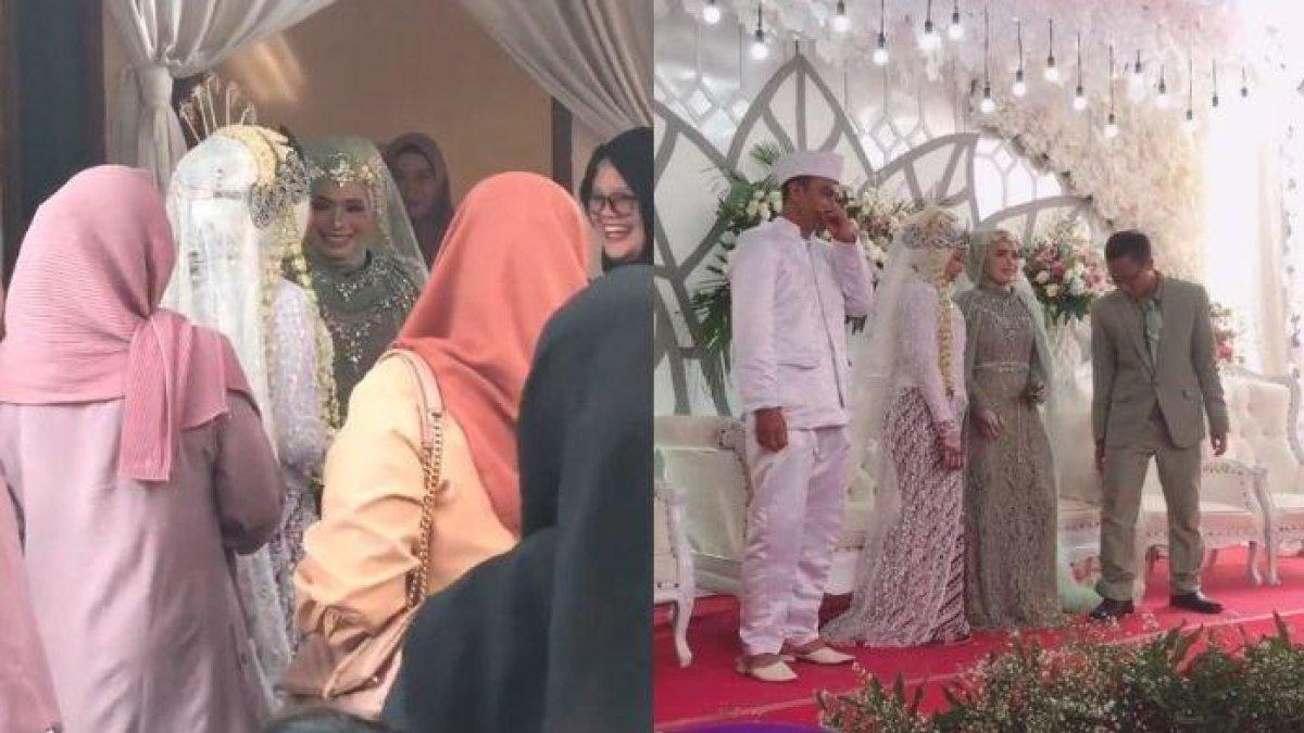 pengantin menghadiri undangan pernikahan tetangganya