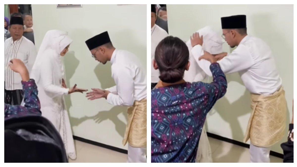 Pasangan pengantin saling gugup saat akan salaman, real solihah dan solih.