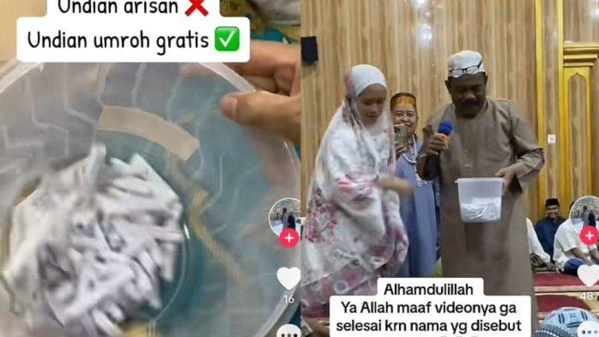 Tangkapan layar video jemaah sholat tarawih gemetar ikut undian hadiah umroh.