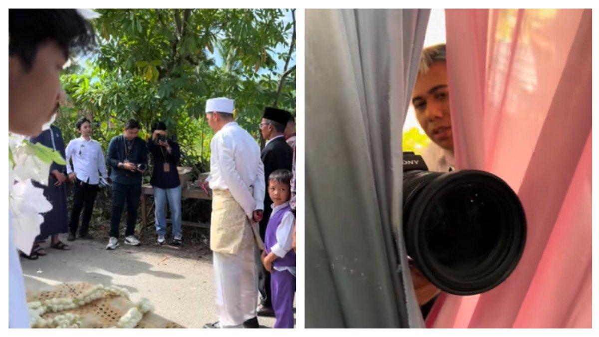 VIRAL VIDEO PERNIKAHAN - Pernikahan di Balikpapan mengusung konsep syar`i, sehingga crew videografer tidak diizinkan masuk. Pengambilan gambar hanya di balik tirai, yang masuk hanya lensa saja.