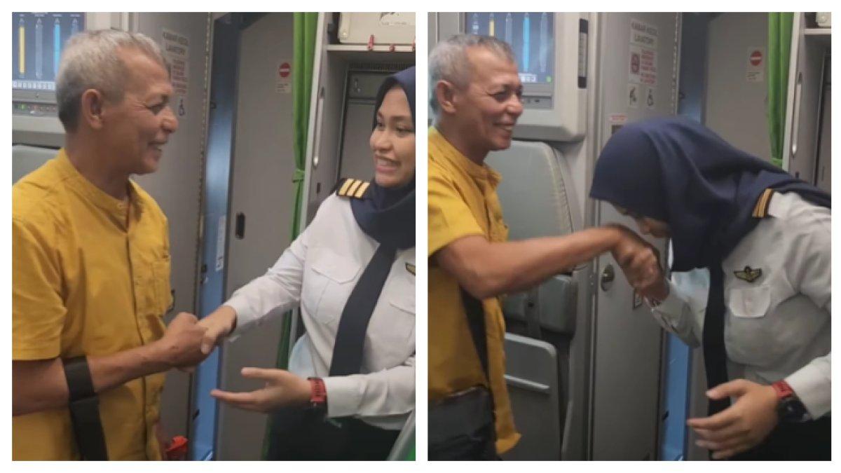 Momen anaknya sebagai pilot menyambut ayah saat pertama naik pesawat, senyum sumringah.