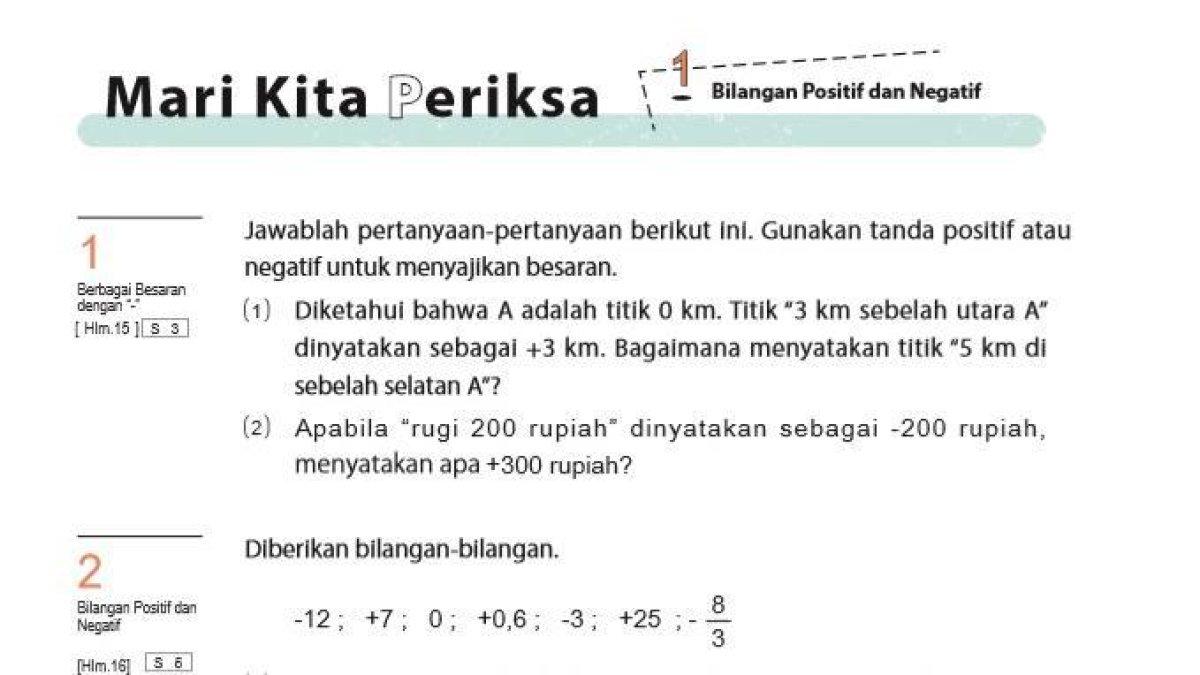 Simak kunci jawaban matematika kelas 7 halaman 20, bilangan positif dan negatif.
