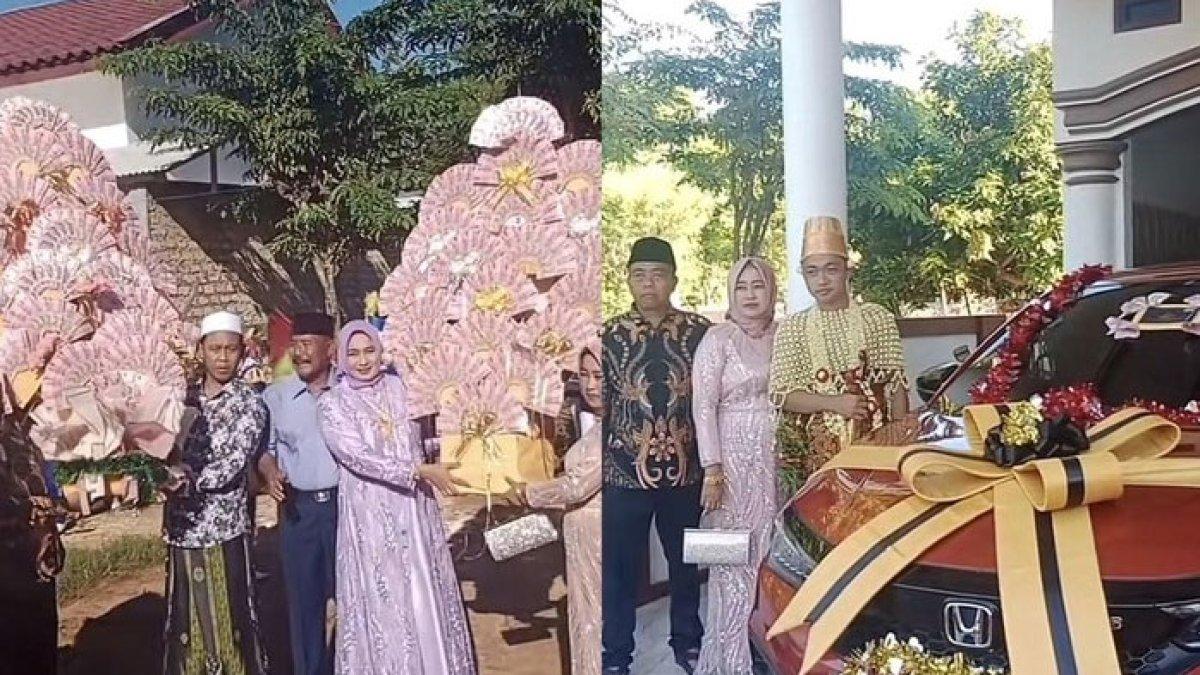 Pria bawa buket uang raksasa untuk seserahan. 
