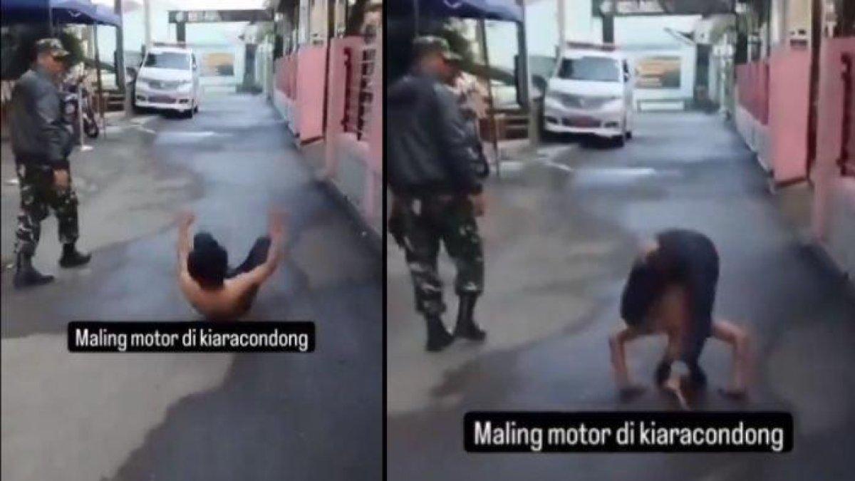 Sebuah video menunjukkan pria yang diduga maling motor tengah dihukum anggota TNI viral di media sosial.