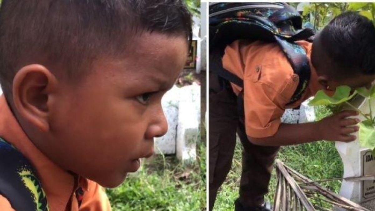 Viral sebuah video yang memperlihatkan seorang bocah curhat di makam ibunya, minta izin masuk pesantren.