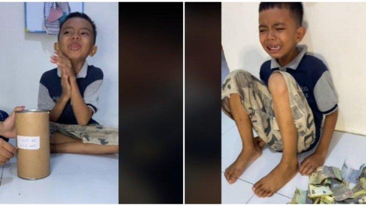 Seorang bocah yang tengah membongkar celengan viral di media sosial