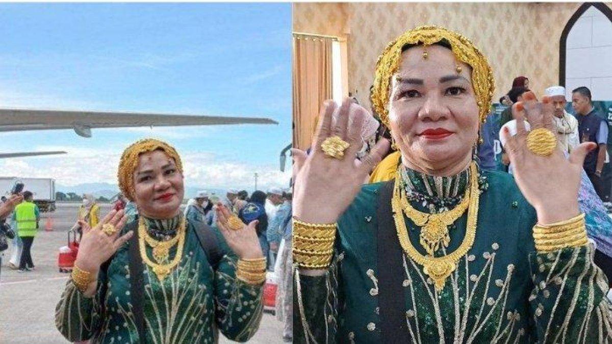 Seorang jemaah haji Indonesia tampil nyentrik saat pulang