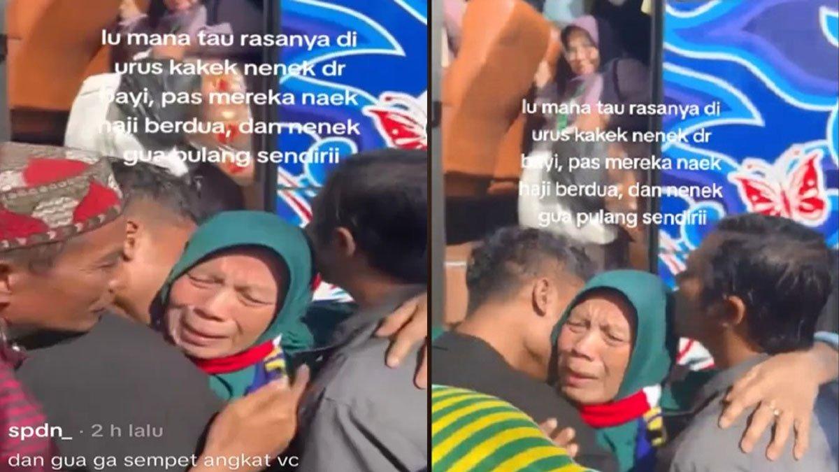 Seorang nenek menangis karena pulang haji tanpa kakek.