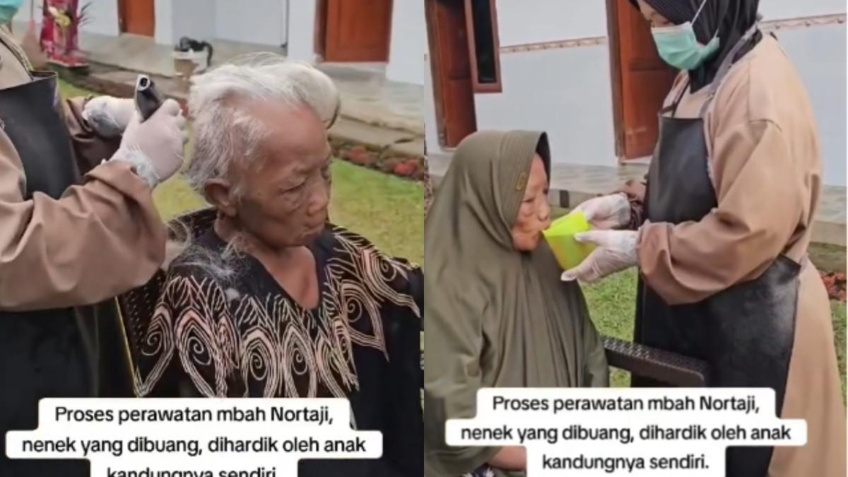 ANAK BUANG IBU - Momen seorang petugas panti mencukur rambut dan memberikan minum kepada Mbah Nortaji di Griya Lansia Malang. Foto diolah dari Instagram pada 27 Juli 2025.