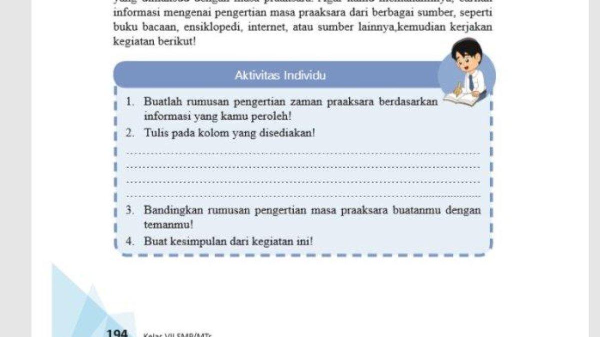 ILUSTRASI KUNCI JAWABAN:  Soal IPS kelas 7 halaman 194 tentang pengertian zaman Praaksara.
