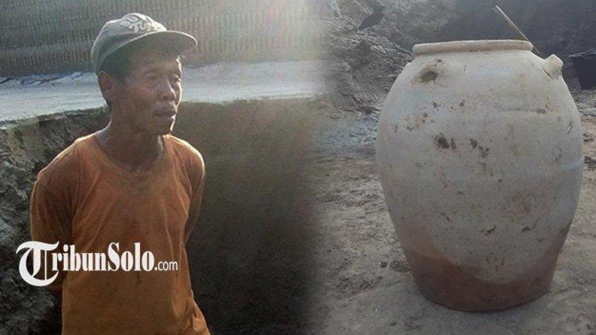 Sosok Sardi (kiri), guci kuno yang ditemukan di Dusun Kropakan Desa Mranggen, Kecamatan Jatinom, Kabupaten Klaten (kanan)