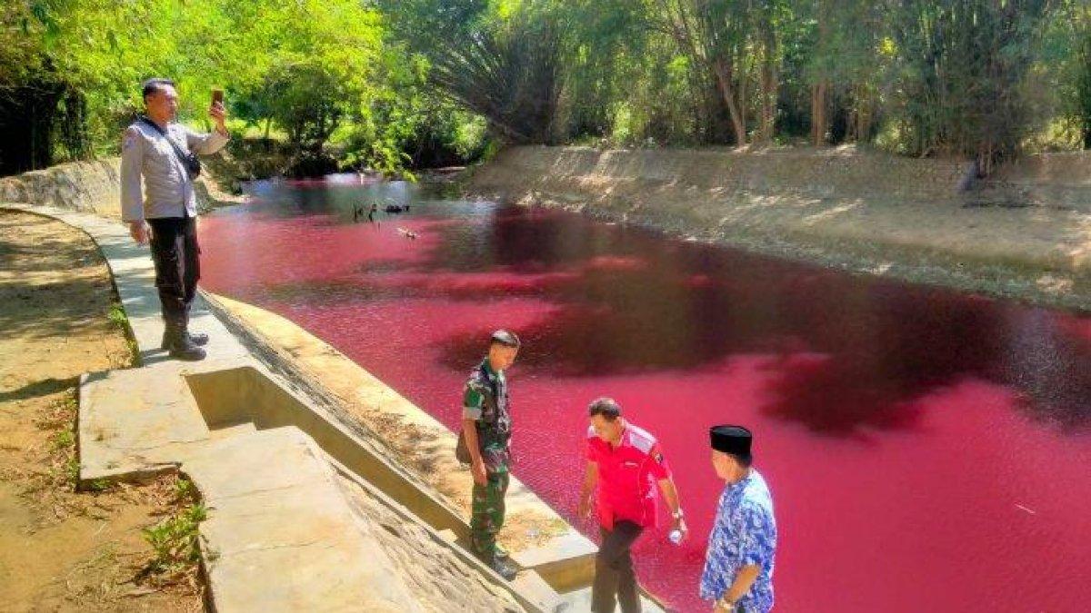 Sungai Dam Klampar, Pamekan, Madura yang berubah warna merah pekat akibat bubuk pewarna kain batik yang dibuang ke sungai, Senin (10/7/2022).