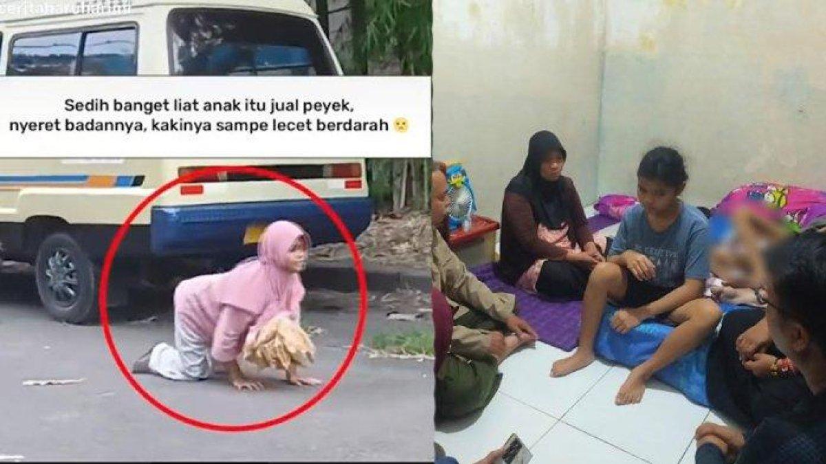 Tangkapan layar video yang menggambarkan anak berjualan rempeyek sambil merangkak viral di media sosial (kiri). Jajaran Pemkot Surabaya mendatangi rumah keluarga Cyntya, anak yang jualan peyek sambil merangkak, Rabu (19/7/2023) malam.