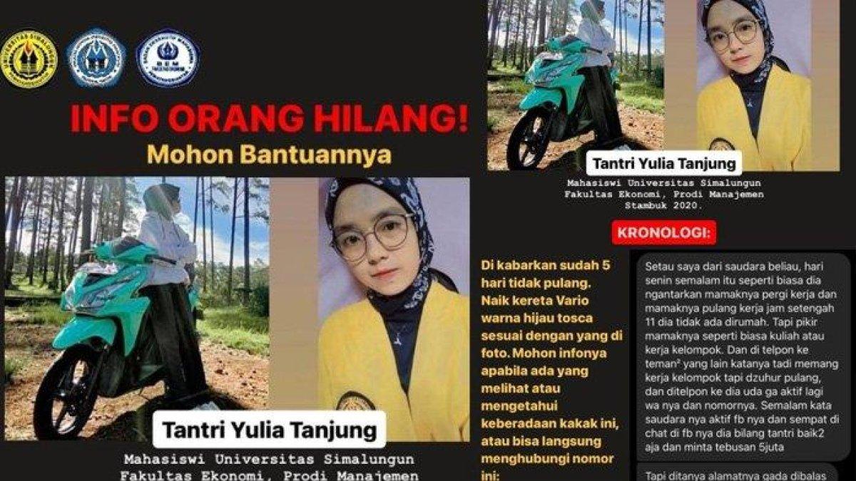 Tantri Yulaila Tanjung, mahasiswi Fakultas Ekonomi Universitas Simalungun (USI) ditemukan tewas di Serdang Bedagai, Sumut, Sabtu (15/7/2023).