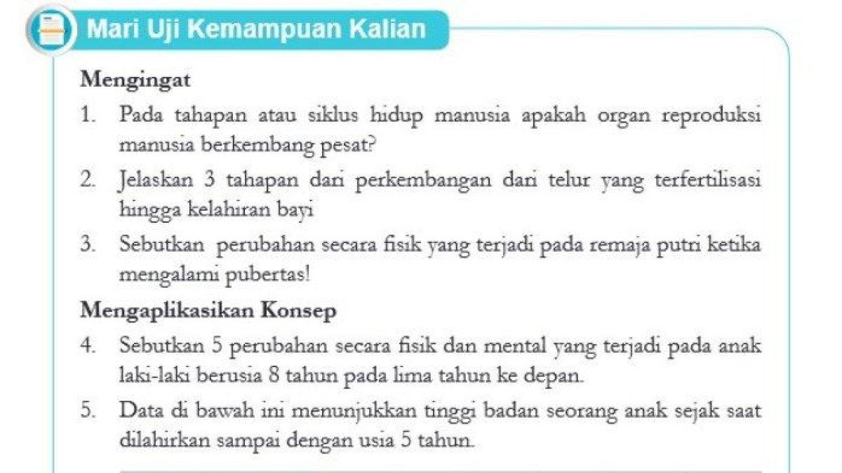Simak kunci jawaban IPA Kelas 9 halaman 8, tentang perkembangan manusia.