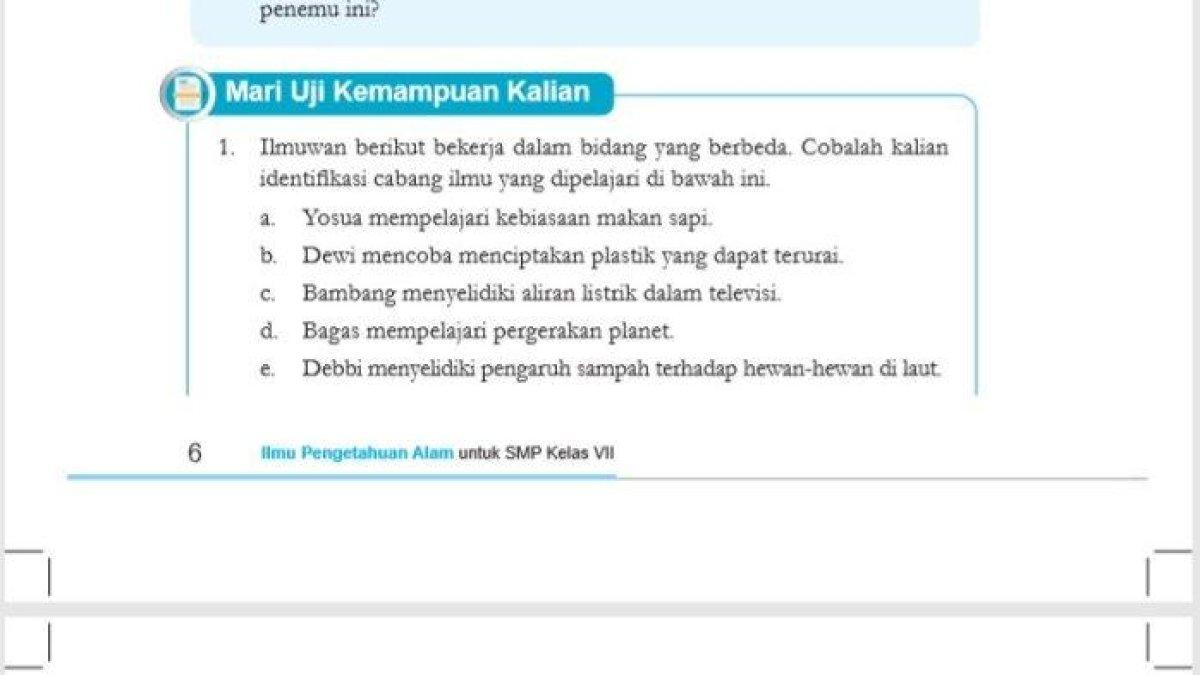 Simak kunci jawaban soal IPA kelas 7 halaman 6, materi tentang sains.