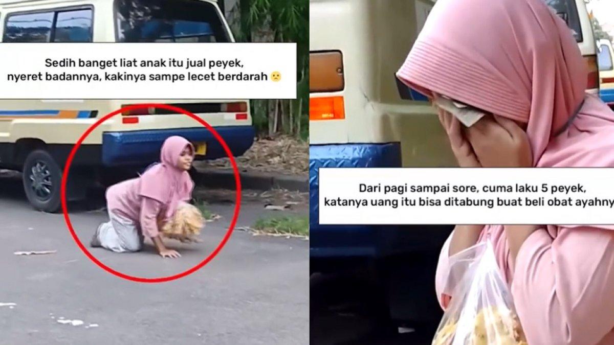Video Cyntya jualan peyek sambil merangkak viral di media sosial