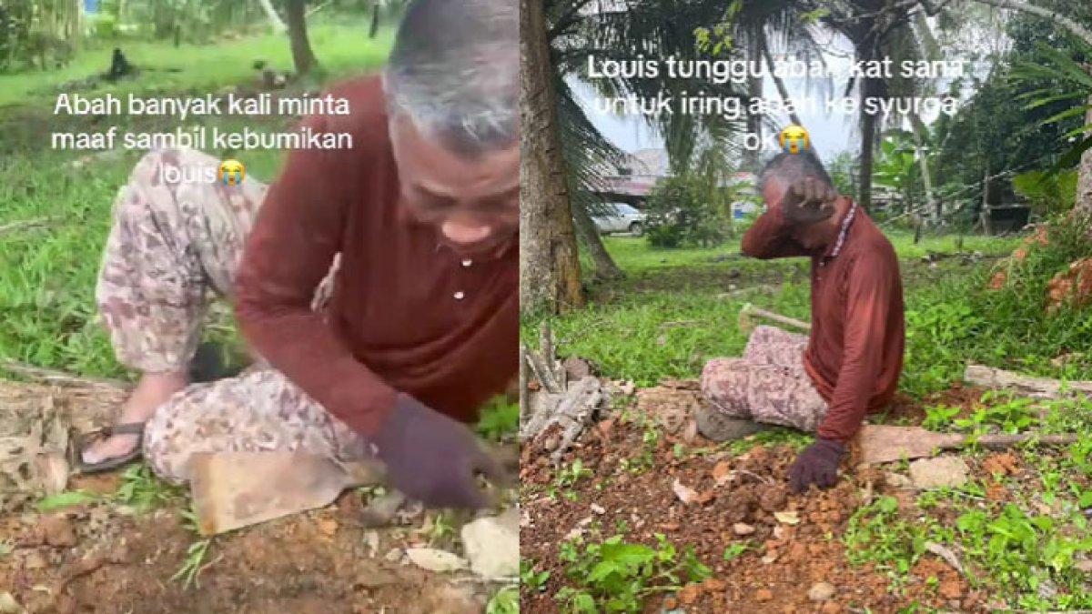 Video seorang pria paruh baya menangisi kucing kesayangannya yang telah mati, momen haru saat menguburkan viral