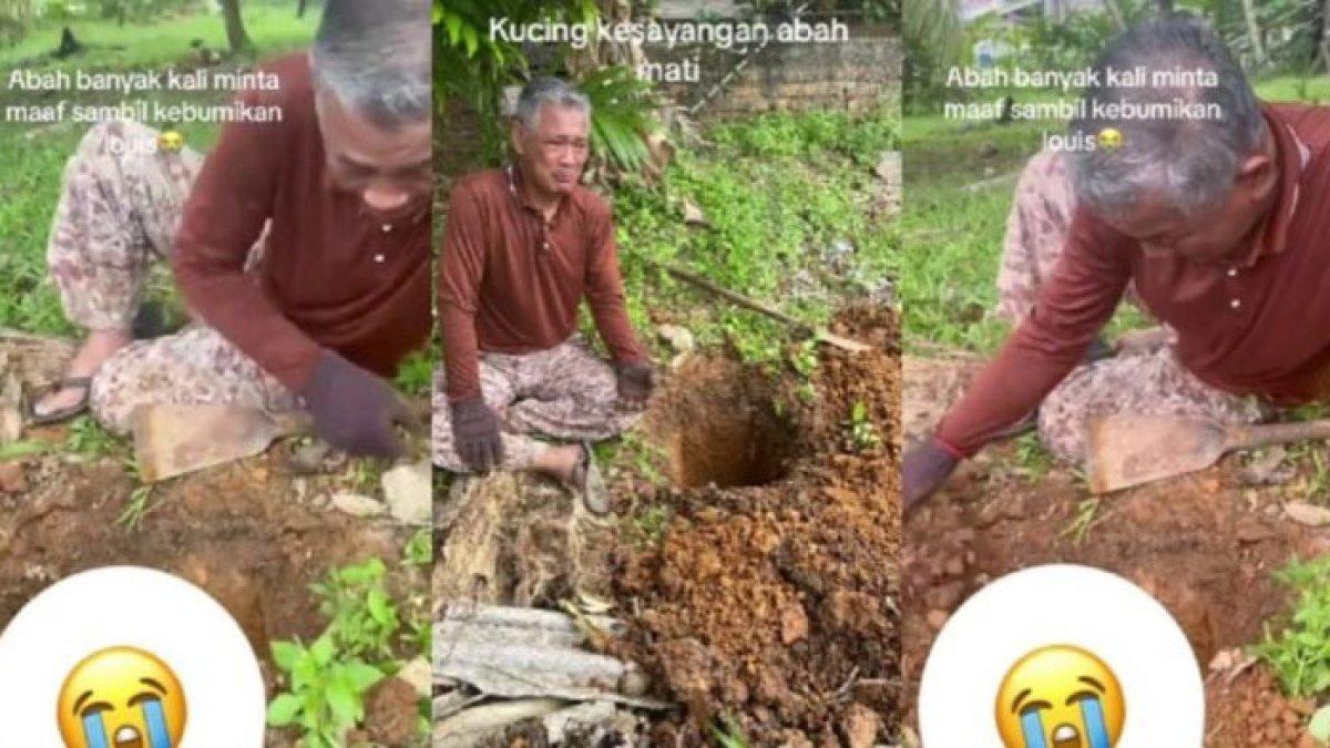 Video seorang pria paruh baya menangisi kucing kesayangannya yang telah mati, momen haru saat menguburkan viral
