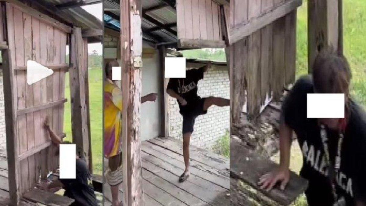 Video viral diduga seorang pria bikin konten jual rumah ayahnya, namun tetiba terperosok jatuh usai tendang dinding kayu