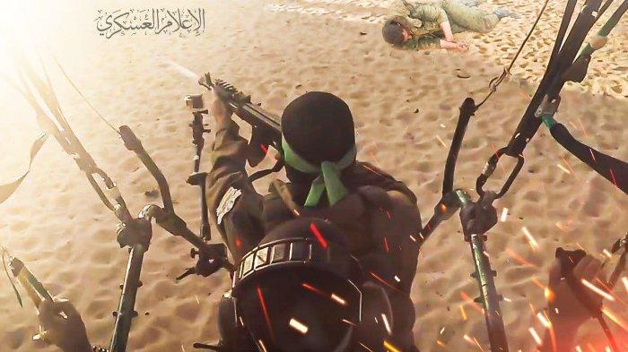 BRIGADE AL-QASSAM - Foto ini diambil pada Jumat (28/2/2025) dari Telegram Brigade Al-Qassam, sayap militer Hamas, pada Sabtu (7/10/2023) memperlihatkan seorang pejuang Hamas meluncur dengan parasut ketika melancarkan Operasi Banjir Al-Aqsa. Pada Jumat (28/2/2025), Hamas mengomentari investigasi militer Israel yang mengungkap kegagalannya mencegah serangan Hamas.