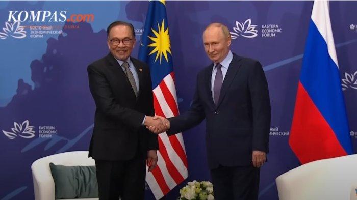 ANWAR IBRAHIM PUTIN - Tangkap layar Kompas TV saat pertemuan Perdana Menteri Malaysia, Anwar Ibrahim dengan Presiden Rusia, Vladimir Putin di sela-sela forum ekonomi yang digelar di Vladivostok, Rusia, Rabu (4/9/2024). Penuhi undangan Presiden Rusia Vladimir Putin, Perdana Menteri Malaysia, Anwar Ibrahim akan mulai kunjungannya ke Moskow besok Selasa (13/5/2025).