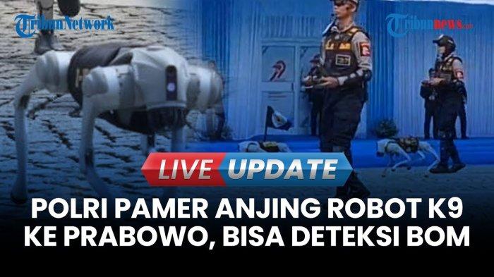 HARI BHAYANGKARA KE-79 - Aksi robot dog K9 Polri yang menunjukkan kebolehannya saat membantu tugas anggota Polri dalam perayaan Hari Bhayangkara ke-79 di Kawasan Silang Monas, Jakarta Pusat, Selasa (1/7/2025). Terlihat robot dog K9 Polri bisa mendeteksi ada bom atau tidak.