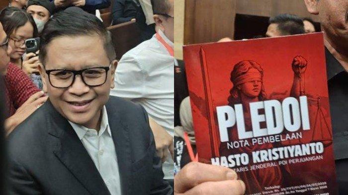 PLEIDOI HASTO KRISTIYANYO - Sekjen PDIP Hasto Kristiyanto menjalani sidang pleidoi atau pembacaan nota pembelaannya di Pengadilan Tindak Pidana Korupsi (Tipikor) di Pengadilan Negeri (PN) Jakarta Pusat), pada hari ini Kamis (10/7/2025). Ia pun memamerkan buku pleidoi yang akan ia bacakan dalam sidang.