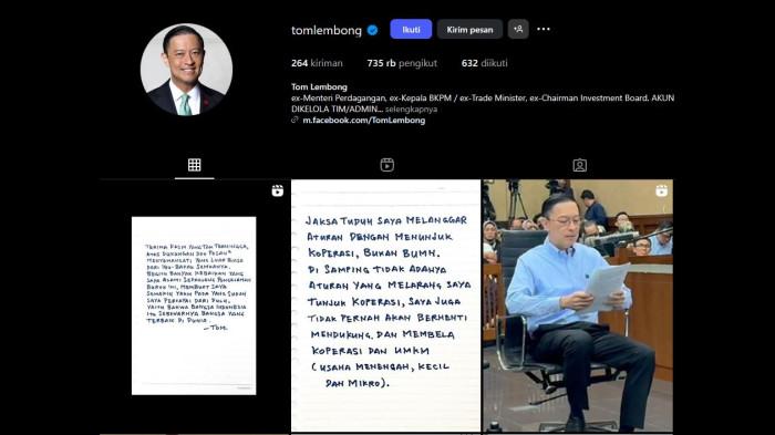 SOSMED TOM LEMBONG - Begini cara Tom Lembong mengunggah pesan atau informasi yang kemudian diunggah di sosial media miliknya. Walaupun dirinya di dalam jeruji besi. (Tangkap layar instagram Tom Lembong @tomlembong)