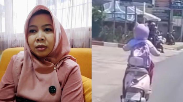 NAIK SEPEDA LISTRIK -  Rini Rukmini, orang tua bocah SD yang videonya viral mengendarai sepeda listrik di jalan raya Baros, Kecamatan Baros Kota Sukabumi, Rabu (30/07/2025).