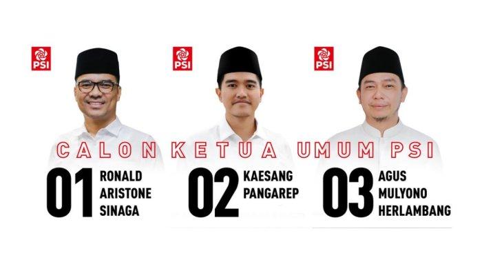 CALON KETUM PSI - Ronald A Sinaga alias Bro Ron, Kaesang Pangarep, dan Agus Mulyono Herlambang bersaing dalam perebutan kursi Ketua Umum Partai Solidaritas Indonesia (PSI). Pemilihan Raya digelar PSI untuk mencari ketua umum mulai Sabtu (12/7/2025).