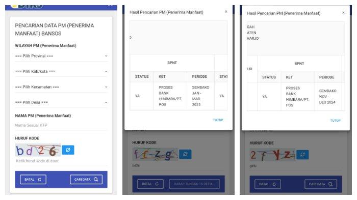 CIRI PENERIMA BANSOS - Hasil tampilan pencarian penerima PKH dan BPNT tahap 1 periode Januari-Maret 2025 di situs cekbansos.go.id, Rabu (26/2/2025). Inilah ciri-ciri penerima PKH dan BPNT tahap 1 periode Januari-Maret 2025. Segera cek nama penerima di sini melalui cekbansos.kemensos.go.id.