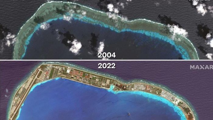 Citra satelit Mischief Reef sebelum dan sesudah tahun 2004 dan 2022