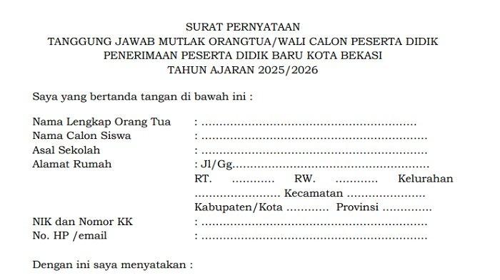 Contoh Surat Pernyataan Tanggung Jawab Mutlak Orang Tua untuk SPMB 2025