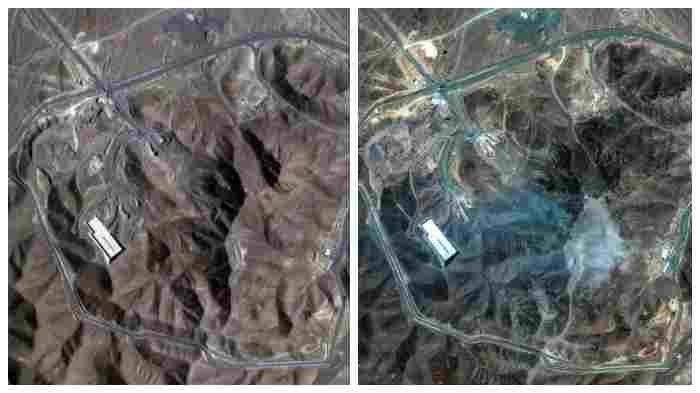 DAMPAK SERANGAN FORDOW. Foto kolase Tribunnews.com/Maxar Technologies/CNBC/CNN. KIRI: Situasi sebelum serangan – Citra satelit Fordow yang diambil sebelum 21 Juni 2025 menunjukkan bangunan utama fasilitas nuklir Iran masih utuh.KANAN: Setelah digempur – Gambar pasca serangan udara besar-besaran AS mengungkap atap bangunan runtuh, bekas ledakan di tanah, serta kerusakan struktural besar yang mengekspos isi kompleks bawah tanah Fordow.